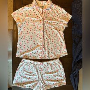 BedHead Flamingo Hibiscus Flower Printed Shorts Pajama Set, XL, White/Pink